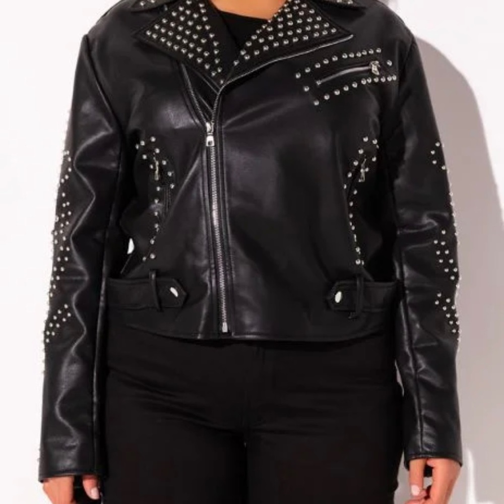 Moto Vegan Leather Studded Jacket by Azalea Wang